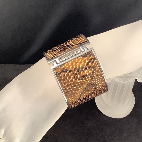 Brown Faux Reptile Silvertone Hinge Cuff Bracelet - Picture 13 of 14
